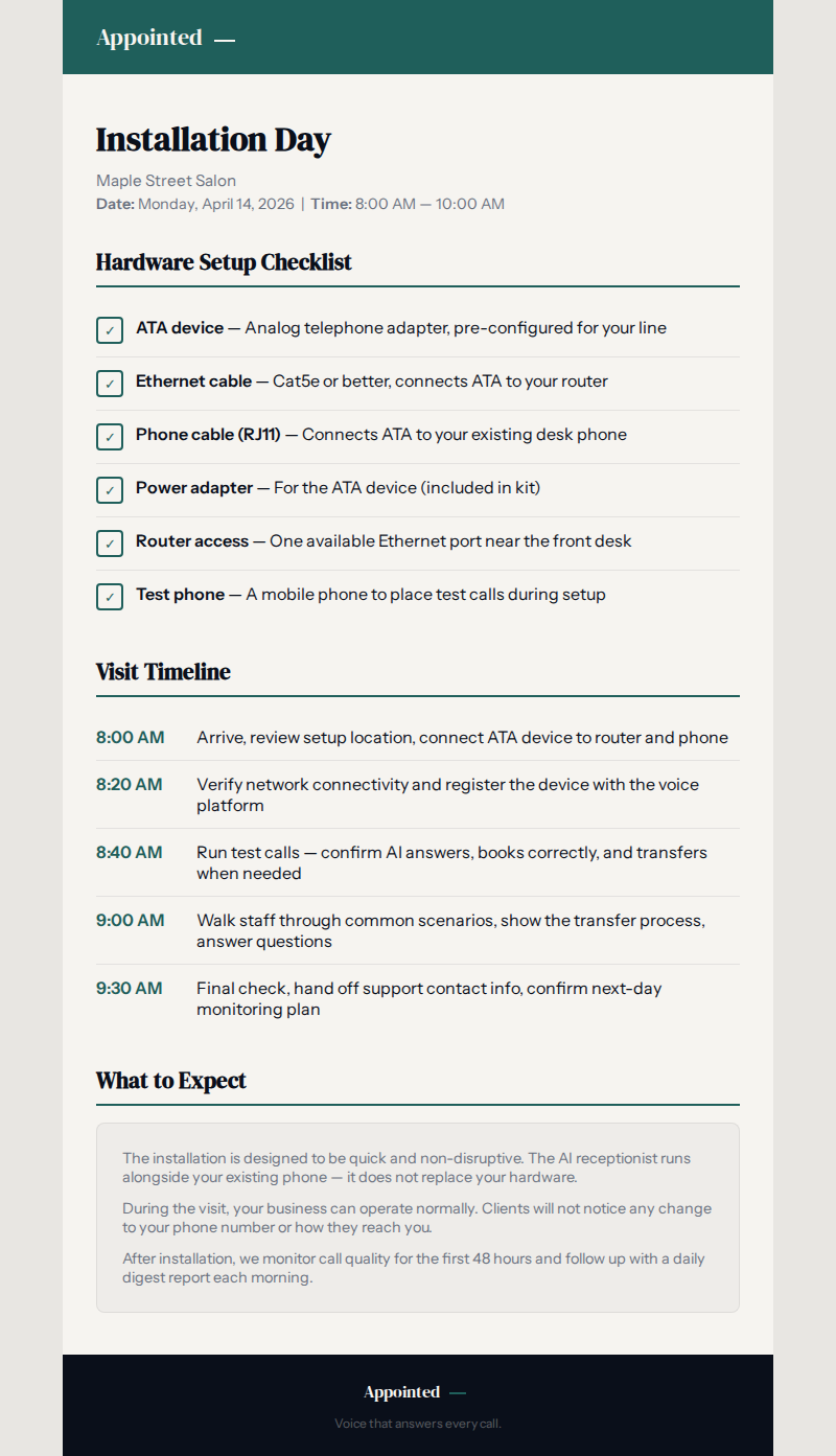 Installation day checklist and timeline for hardware setup