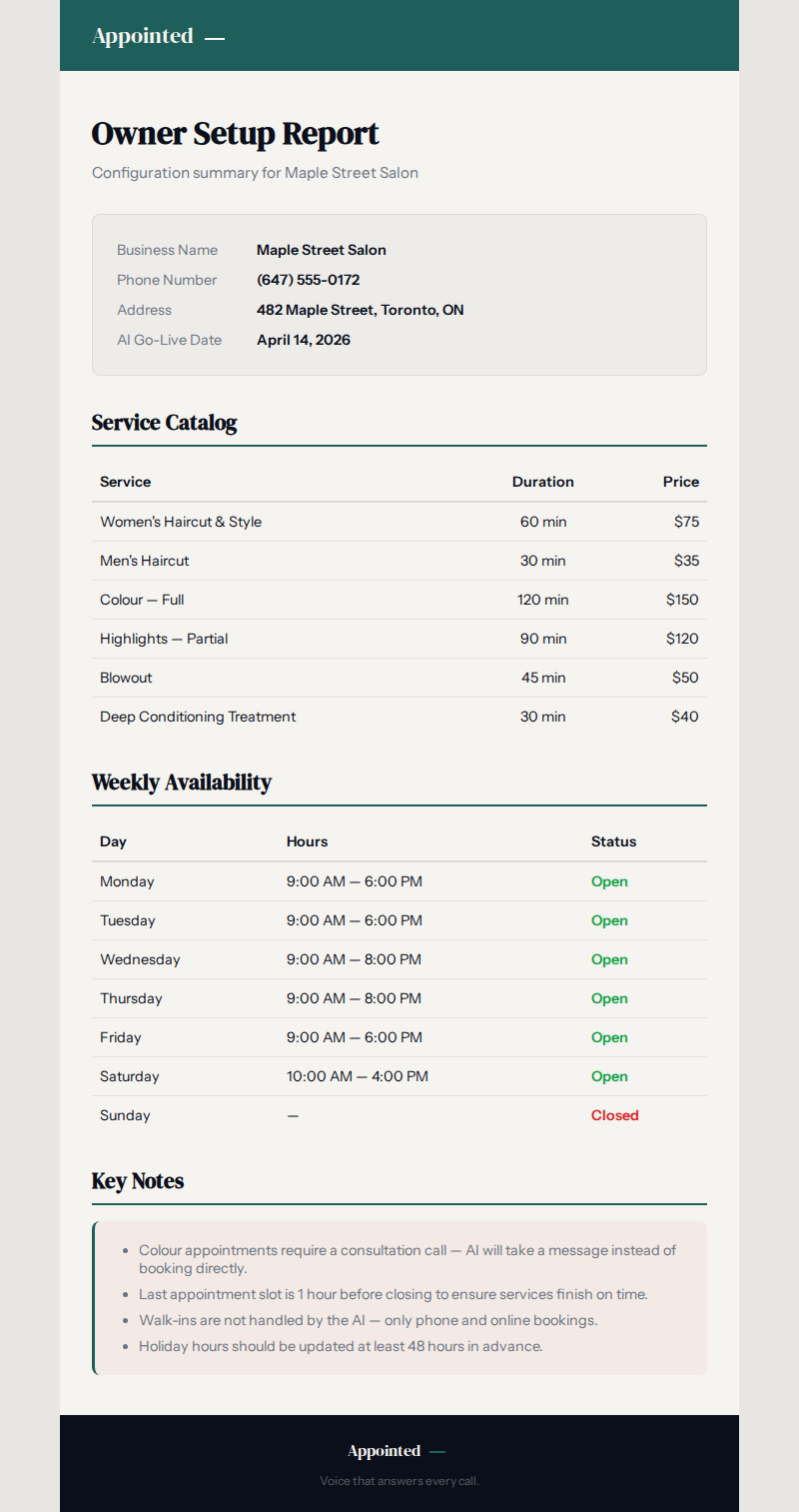 Owner report showing availability, services, and booking test results