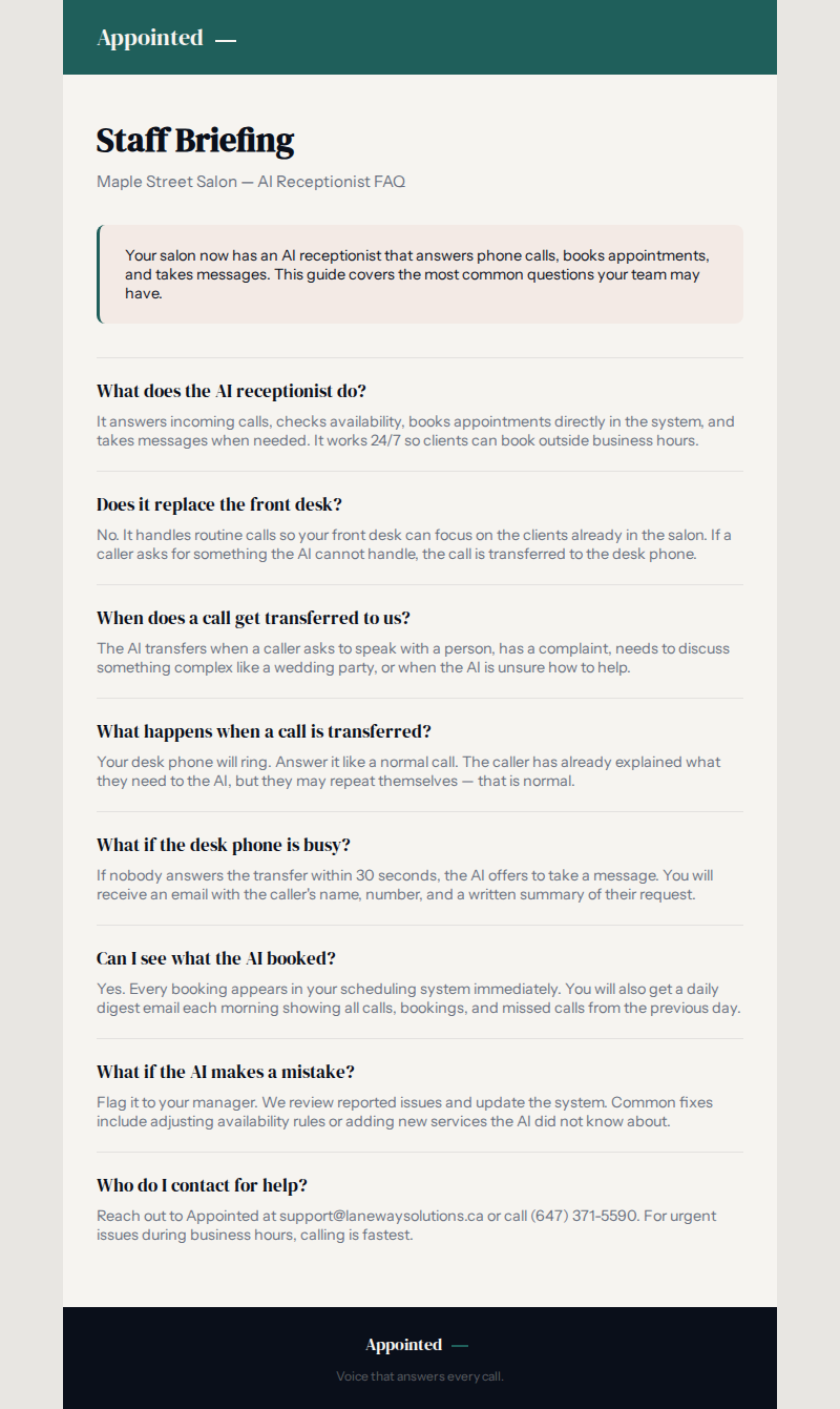 Staff briefing FAQ page for team onboarding