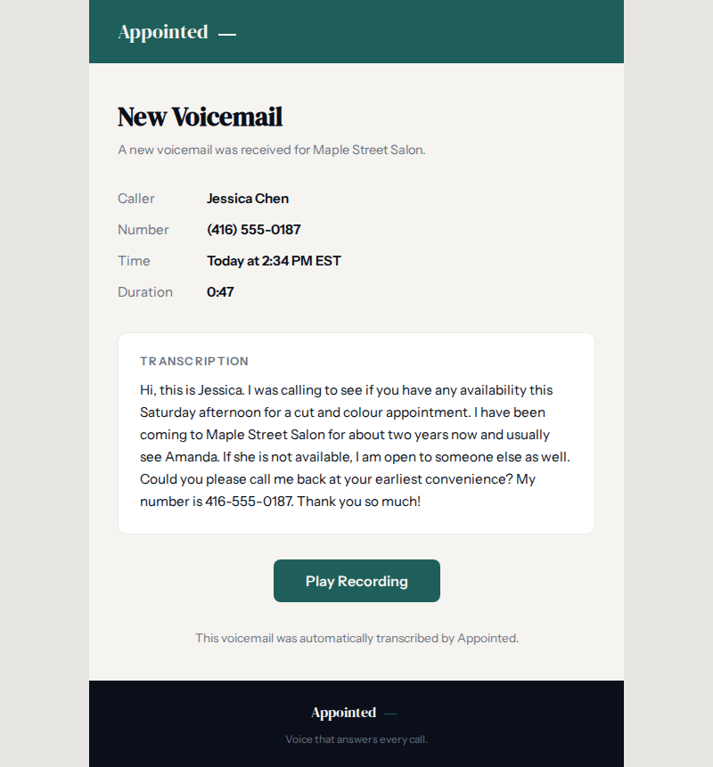 Voicemail alert email with transcription and audio playback link